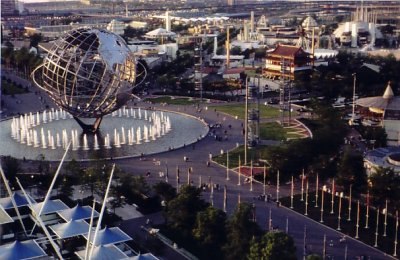 View of the 1964–1965 New York World's Fair as seen from the observation towers of the New York State pavilion. The Fair's symbol, the Unisphere, is t