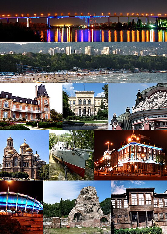 From top left: Asparuh Bridge, Black Sea beach, Euxinograd, Varna Archaeological Museum, Stoyan Bachvarov Dramatic Theatre, Dormition of the Mother of God Cathedral, Drazki torpedo boat, The Navy Club, Palace of Culture and Sports, The ancient Roman baths, Varna Ethnographic Museum