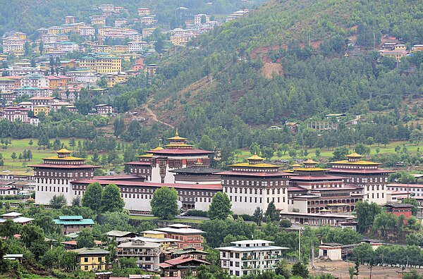 View of Tashichho Dzong in Thimphu, the largest dzongkhag in Bhutan by population