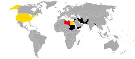 A map showing the visa requirements of Libya, with countries in green having visa-free access, countries in yellow - provisional and restricted visa-free access. Entry is refused to the countries in black