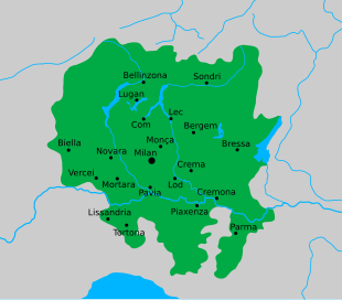 The Visconti dominions around the middle of the 14th century Visconti XIV century.svg