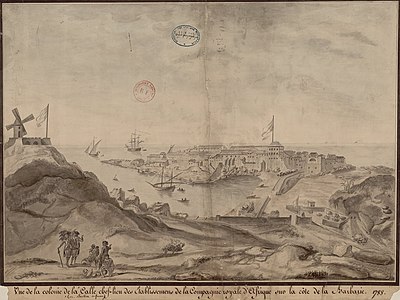 View of the colony of El Kala (La Calle), 1788. At this time the Bastion had come under the control of the French Royal Africa Company and was no longer run as a private concession Vue de la colonie la calle 1788.jpg