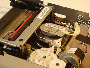 VXA-1 tape drive with tape loaded, view from right side