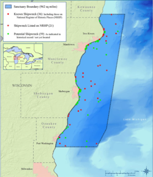 NOAA map of the Wisconsin Shipwreck Coast National Marine Sanctuary. Red stars indicate shipwrecks on the National Register of Historic Places, red dots are other known shipwrecks, and green dots indicate potential locations of undiscovered shipwrecks. Wisconsin Shipwreck Coast National Marine Sancutary NOAA map 2021.PNG