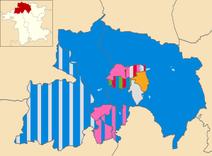 Map of the results of the 2015 Wyre Forest District Council election. Conservatives in blue, Labour in red, independents in light grey, Health Concern in pink, UK Independence Party in purple, Liberal in orange and vacant in white. Wyre Forest UK local election 2019 map.svg