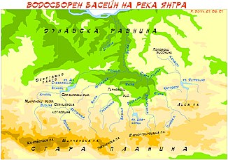 Catchment area of ​​the Jantra (Янтра), on the left the Rossitsa (Росица).  Дунавска Равнина = Danube lowland, Стара Планина = Balkan Mountains