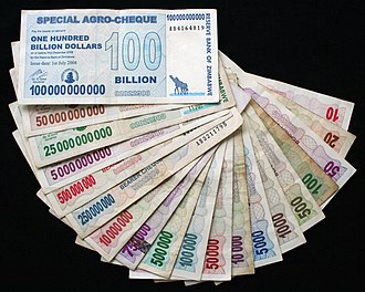 Due to hyperinflation, banknotes of increasingly preposterous denominations were printed throughout 2008 and 2009. Zimbabwe Hyperinflation 2008 notes.jpg