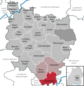 Poziția Zwiefalten pe harta districtului Reutlingen