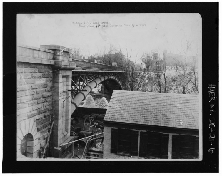 File:"Bridge -6 - Rock Creek- Cast-iron 48" pipe lines to Gravity - 1859." Construction photo of Pennsylvania Avenue Bridge, 1859. Photograph courtesy Washington Aqueduct Division, U.S. HAER DC,WASH,593-6.tif