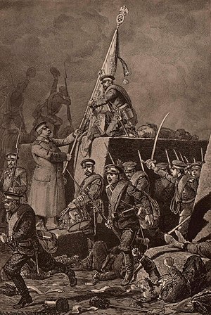 Schlacht bei Gorny Dubnyak 12. Oktober 1877.  Hissen des Banners des 4. Bataillons des Pavlovsky Life Guards Regiment auf der Redoute