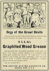 Graphited Wood Grease 1908 ad in the Electric Railway Review "Orgy of the Growl Devils " "Graphited Wood Grease" 1908 ad - Electric railway review (IA electricrailwayr19amer) (page 50 crop).jpg