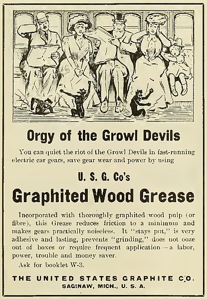 File:“Orgy of the Growl Devils “ “Graphited Wood Grease” 1908 ad - Electric railway review (IA electricrailwayr19amer) (page 50 crop).jpg