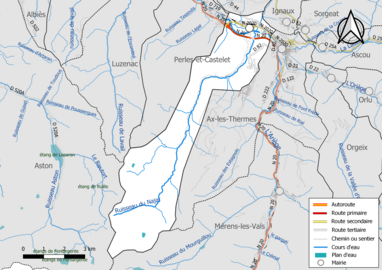 Carte en couleur présentant le réseau hydrographique de la commune