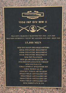 Plaque listing the units comprising the US 103rd Infantry Division in WW II. 103rd units.png