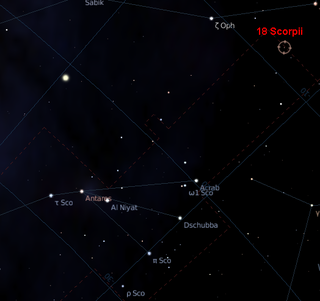 Der rote Kreis markiert den Ort von 18 Scorpii im Skorpion.