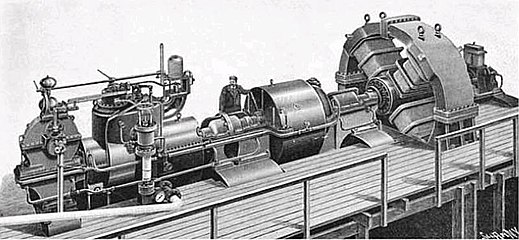 Первый турбогенератор Парсонса мощностью 1 МВт, установленный в промышленную эксплуатацию на одном из заводов в Германии (1899).