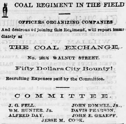 A newspaper recruiting advertisement for the regiment, showing the bounty offered 197th Pennsylvania Infantry Recruiting Advertisement 14 July 1864.jpg