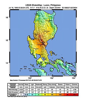 July 16: USGS ShakeMap showing the 1990 Luzon earthquake intensity