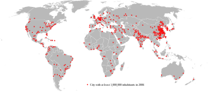 Map showing urban areas with at least one million inhabitants in 2006. 2006megacities.svg