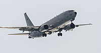 A Boeing P-8 Poseidon, tail number 168761, on final approach at Kadena Air Base in Okinawa, Japan. It is assigned to Patrol Squadron 45 (VP-45) at NAS Jacksonville, Florida, United States.