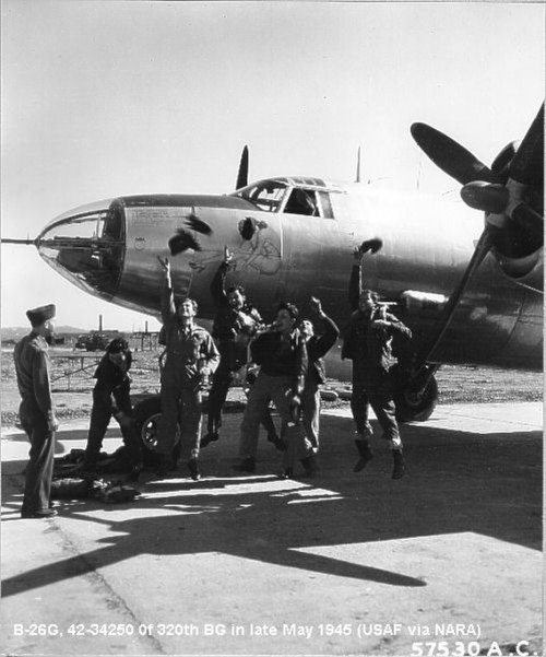 Martin B-26G-5-MA Marauder, AAF Ser. No. 42-34250, of the 320th Bomb Group crew celebrating the end of hostilities, May 1945