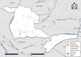 Carte en couleur présentant le réseau hydrographique de la commune