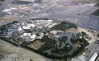 Disneyland aerial view, 1963, which includes the new Melody Land Theater at the top of the photo 6308-AnaheimDisneyLand-NW to SE View.jpg