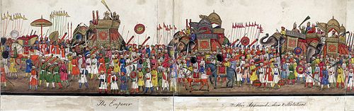 A panorama showing the imperial procession to celebrate the feast of the Eid ul-Fitr, with the emperor on the elephant to the left and his sons to the right (24 October 1843)