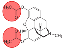 Acetyl groups of heroin. In 6-MAM upper group is changed to hydrogen making hydroxyl-group in 3-position. Acetyl groups of heroin.svg