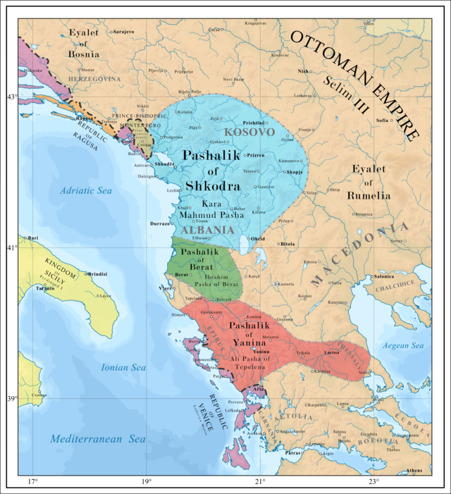 Albanese pasjaliks (blauw: Shkodër, groen: Berat en rood: Janina)
