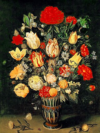 A still life of flowers in a vase including striped tulips