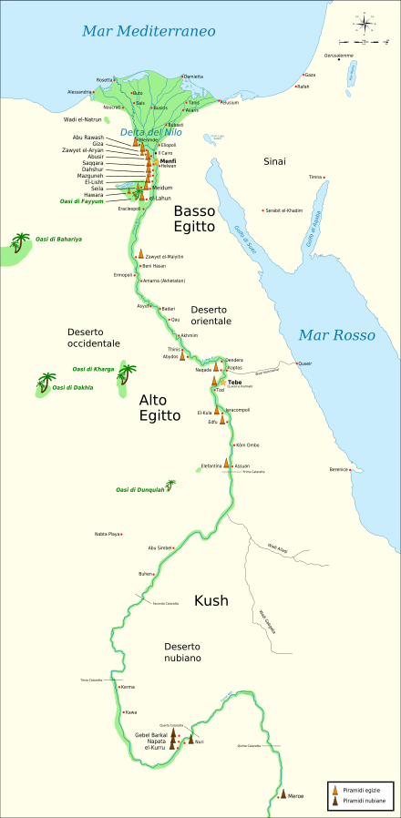 Localizzazione delle principali piramidi nubiane (in basso nella cartina)