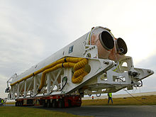 An Antares rocket being rolled out for testing, showing the two NK-33 engines Antares rolls out - Oct 2012.jpg