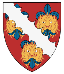 Arms of Tenison: Gules, three leopard's faces or jessant de lys azure overall a bend engrailed argent. A difference of these arms was borne by Tennyson, the family of Alfred, Lord Tennyson (1809-1892) (Baron Tennyson), the poet Arms of Tenison.png