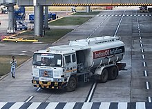 IndianOil aviation fuel tanker in front of Terminal 1D at Indira Gandhi International Airport Ashok Leyland Aviation Fuel Tanker at New Delhi Airport.jpg
