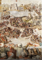 Οθωμανικές σημαίες σε τοιχογραφία του 1581 του Ματτέο Πέρεζ, που απεικονίζει τη Μεγάλη Πολιορκία της Μάλτας