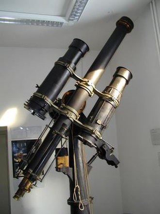 A double astrograph consisting of two 6-inch (150 mm) astrographs and a central guide scope on display at Landessternwarte Heidelberg-Königstuhl obser