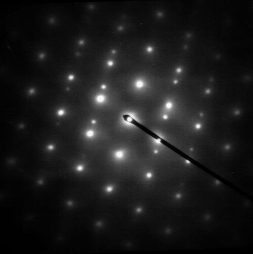 Figure 1: Selected area diffraction pattern of a twinned austenite crystal in a piece of steel