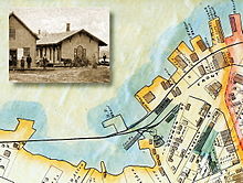 The Belfast rail yard in 1875; MEC-built station house c. 1880. B&MLRR Belfast, ME Yard Map 1875.jpg