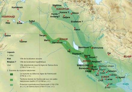 Map of the Old Babylonian Empire under Hammurabi (r. c. 1792–1750 BC).