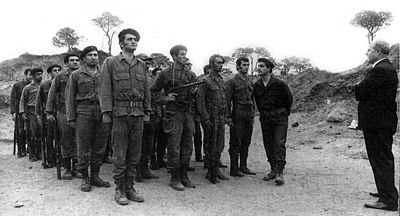 Bashir Gemayel and William Hawi supervising the training of Kataeb militiamen at Tabrieh, 1972.