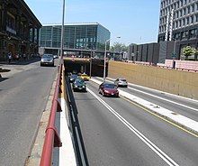 Eastern portal at the FDR Drive in front of the Battery Maritime Building Battery Park Underpass east port jeh.JPG