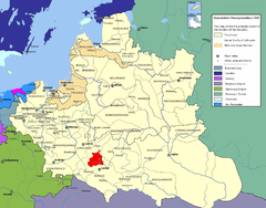 Mapa mostrando a localização da voivodia de Bełz (em vermelho) na República das Duas Nações.