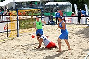 Deutsch: Beachhandball Europameisterschaften 2019 (Beach handball Euro); Tag 2: 3. Juli 2019 – Männer, Vorrunde Gruppe B, Slowenien-Serbien 1:2 (16:20, 19:18, 6:7) English: Beach handball Euro; Day 2: 3 July 2019 – Men Preliminary Round Group B – Slovenia-Serbia 1:2 (16:20, 19:18, 6:7)