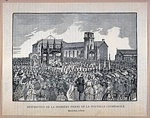 Benediction of the first stone used to build the cathedral, c. 1870 Benediction of the first stone at Mary Queen of the World Cathedral.jpg