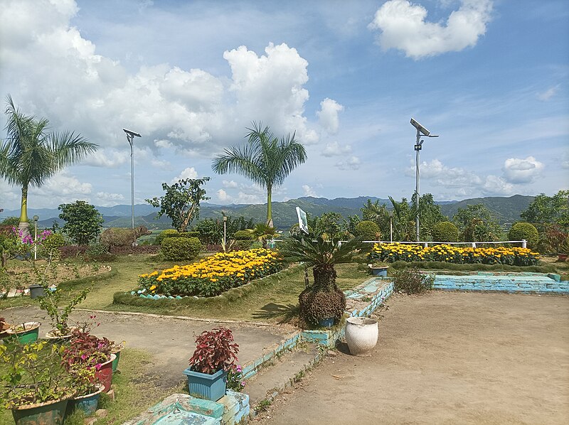 File:Blossoming yellow and orange coloured marigold flower beds, palm trees and other plants in the Kakching Garden, Uyok Ching hills, Kangleipak.jpg