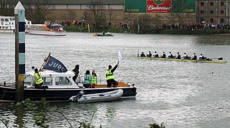 The Oxford boat passing the finishing post Boat Race Finish 2008 - Oxford winners.jpg