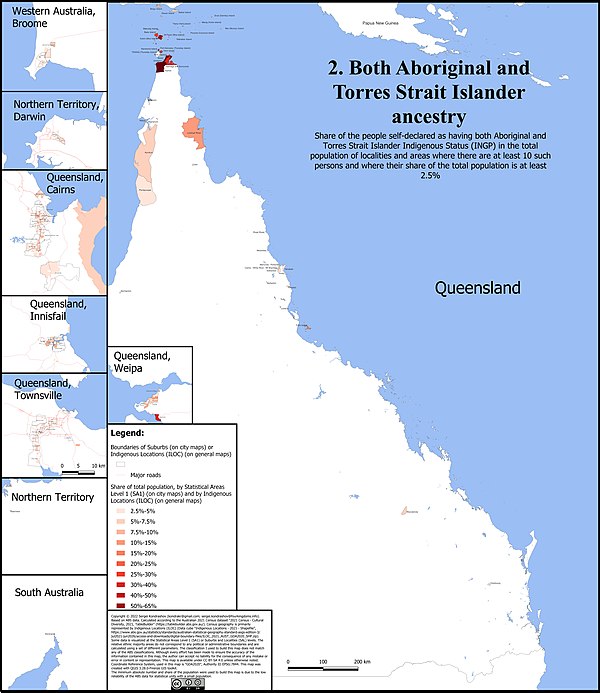 Geographical distribution of people with both Aboriginal and Torres Strait Islander Indigenous status.
