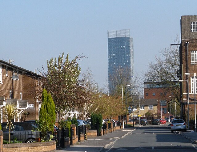 Alexandra Park Estate in Moss Side, looking towards the Beetham Tower
