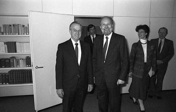 Bowen with German Federal Minister of Justice Hans A. Engelhard in April 1987